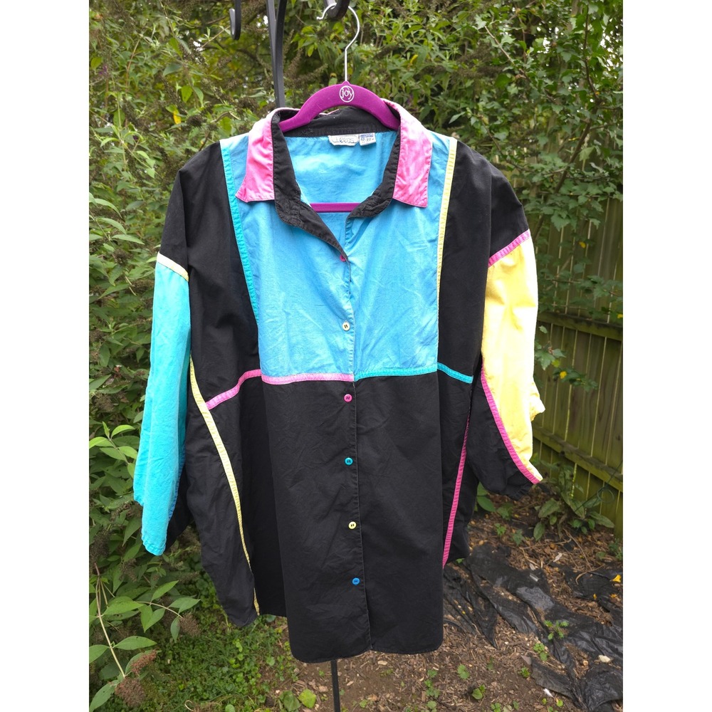 Vintage 80s Leeds Color Block Button Down Shirt - Black Blue Pink Yellow